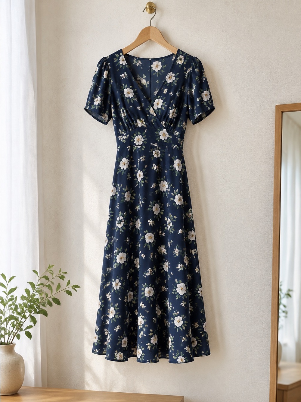Floral Navy Midi Wrap Dress with Short Sleeves